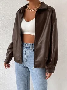 SHEIN EZwear Drop Shoulder Zip Up PU Cropped Leather Jacket In Fall/Winter - Coffee Brown - View 6
