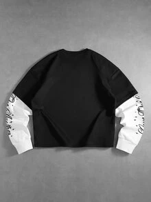 ROMWE MEN Men's Letter Print 2 In 1 Patchwork Casual Daily T-Shirt - Black - View 2