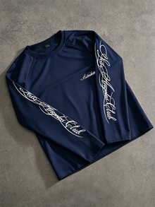 SLATEMANN 男士長袖圓領T恤，黑白拼色，落肩袖，手寫英文印花，寬鬆版型 - 寶藍色 - 查看 1
