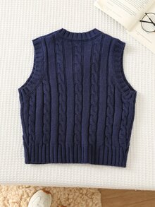 SHEIN 小男孩休閒簡約學院風返校季，柔軟針織圓領套頭毛衣背心，適合春夏秋冬 - 藏蓝色 - 查看 2