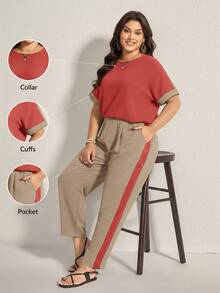Comfylo Ensemble de tenue décontractée pour femme grande taille avec top col rond blocs de couleurs et pantalon pour usage quotidien - Multicolore - Voir 1