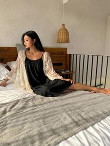 DAZY 2件組蕾絲寬鬆女款睡衣套裝 秋季 - 黑色 - 查看 7