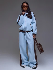 MUSERA Colour Contrast Funnel Neck Zip Up Jacket Winter Autumn Everyday Casual Going Out Cool Weekdaze - Blue - View 4