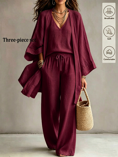 Trelyra Women's Summer Casual Vacation Apricot Jacket, Camisole And Long Pants 3 Pieces Set, Outerwear With Camisole And Long Pants Apricot Outfit, Summer, Autumn And Winter For Women, Women's Apricot Casual Outfit, Women's Summer Vacation Outfit 3 Pieces Set