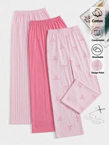 SHEIN Women3 Pcs Cotton Bow Ribbon Print, Stripe, Floral & Solid Long Pajama Pants Set - Pink - View 1