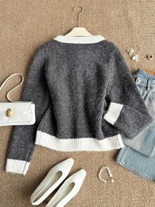 Grovea Plus Size Women's Colorblock Casual Elegant Versatile Daily Cardigan Office Formal Gray Autumn - Dark Grey - View 2