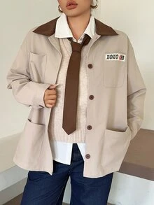 Betty Boop x DAZY Curve Cartoon Print Colorblock Patchwork Loose Casual Blogger Style Spring Autumn Jacket - Khaki - View 6