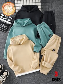 SHEIN 大童男孩純色連帽長袖衛衣與運動長褲休閒日常6件套 - 彩色 - 查看 1