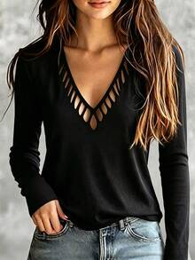 SHEIN Women's Autumn/Winter Gentle Style Pattern Burnout Hollow V-Neck Short Sleeve T-Shirt, Comfortable Loose Versatile, Inner Layer Long Sleeve T-Shirt - Black - View 1