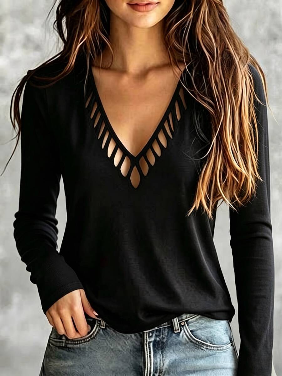 SHEIN Women's Autumn/Winter Gentle Style Pattern Burnout Hollow V-Neck Short Sleeve T-Shirt, Comfortable Loose Versatile, Inner Layer Long Sleeve T-Shirt - Black - View 1
