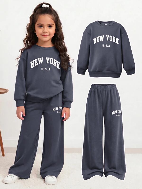 SHEIN Young Girl Casual Letter Print Knit Solid Color Loose Drop Shoulder Long Sleeve Autumn Winter Sweatshirt & Wide Leg Sweatpants Set
