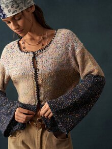 Bohemela كارديجان نسائي محبوك بأكمام طويلة وأزرار بألوان متباينة مع تطريز على شكل صدفة - متعدد الألوان - مشاهدة 5