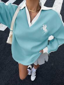 Muchica 女款秋冬保暖內裡拼色膠帶 POLO 領刺繡寬鬆運動衫 - 藍色 - 查看 4