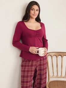 Doze Lane Women's Casual Square Neck Solid Color Long Sleeve Top + Plaid Pants Plus Size Pajama Set - Burgundy - View 3