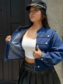Rivivi Summer New Button-Down Loose Fit Plus Size Denim Jacket - Blue - View 8