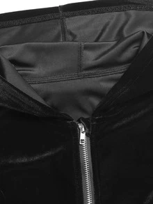 SHEIN Tween女孩秋冬休閒優雅針織天鵝絨黑色連帽拉鍊刺繡貼布口袋長袖修身夾克與長褲2件套 - 黑色 - 查看 8