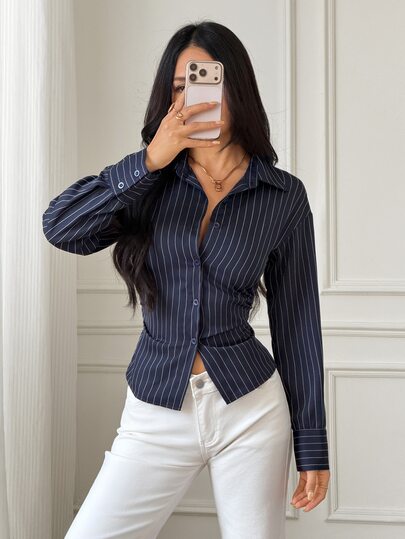 SHEIN PETITE Women's Striped Casual Versatile Daily Wear Shirt