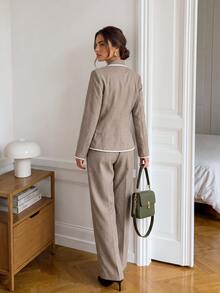 Easowa Women's Piped Long Sleeve Jacket And Pants Casual Commute Suit Set - Khaki - View 6