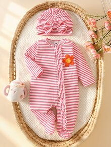 SHEIN 秋冬新生兒蝴蝶結印花可愛嬰兒連身衣 + 帽子 - 紅白色 - 查看 8
