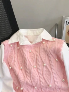 SHEIN 少女秋冬休閒優雅紋理提花綴珠無袖針織背心，適合秋季出遊，可搭配白襯衫，開學季與日常穿著皆宜 - 粉色 - 查看 5