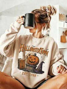 SHEIN LUNE 復古 Halloween Town Est 1988 連帽衫，復古萬聖節南瓜套頭衫，萬聖節圖案 T 恤 - 杏色 - 查看 1