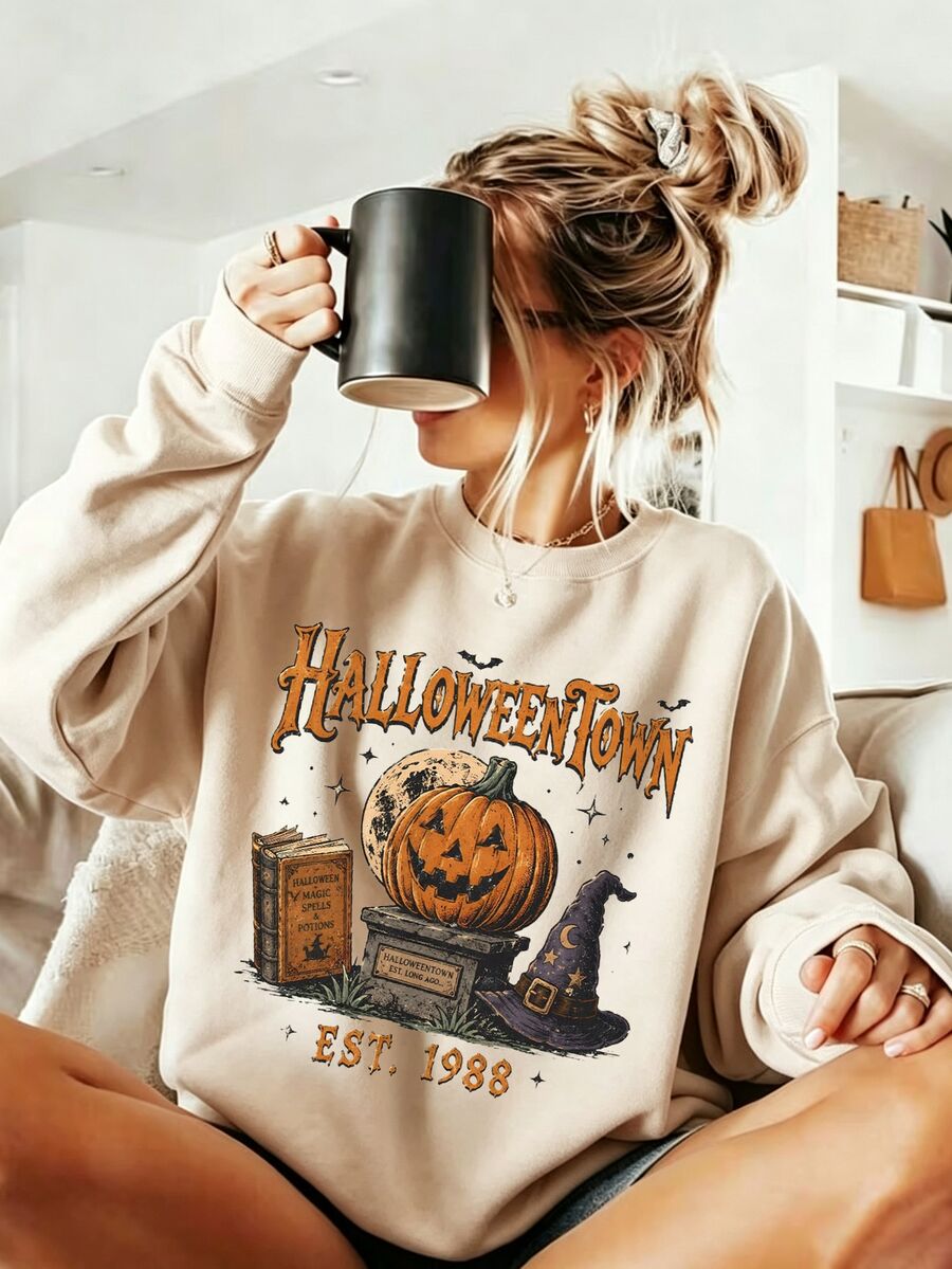 SHEIN LUNE 復古 Halloween Town Est 1988 連帽衫，復古萬聖節南瓜套頭衫，萬聖節圖案 T 恤 - 杏色 - 查看 1