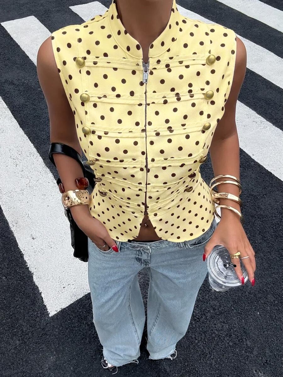 Muchica Women's Sleeveless Jacket With Yellow Base And Polka Dot Pattern Night Out Autumn Vintage 90s - Pale Yellow - View 1