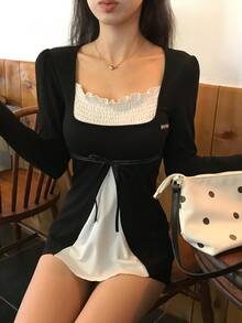 DAZY Women's Letter Print Casual Versatile Daily Long Sleeve T-Shirt Fall - Black and White - View 6