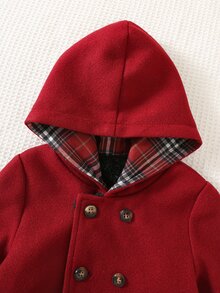 SHEIN Young Boy Loose Fit College Style Hooded Double-Breasted Thermal Lined Wool Coat - Burgundy - View 5