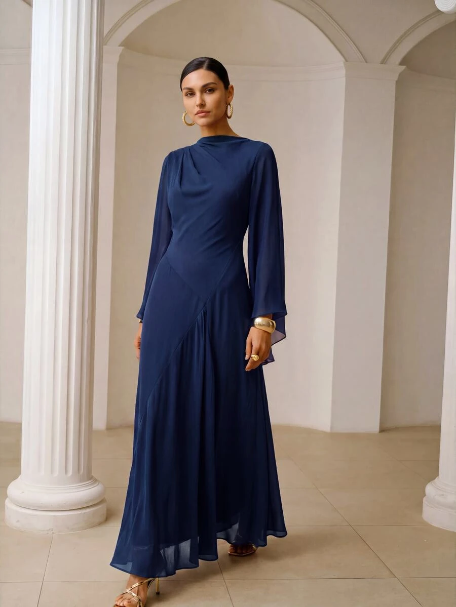 ZEYLAH Asymmetrical Fitted Long Dress With Large Sleeves, Spring - Navy Blue - View 1