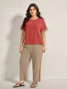 Comfylo Ensemble de tenue décontractée pour femme grande taille avec top col rond blocs de couleurs et pantalon pour usage quotidien - Multicolore - Voir 3