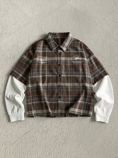 AXEPEAK Men's Plus Size Patchwork Plaid 2 In 1 Long Sleeve Casual Shirt
