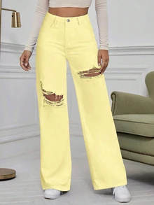 SHEIN EZwear Women's High Waist Pocket Distressed Wide Leg Casual Denim Jeans - Yellow - View 5
