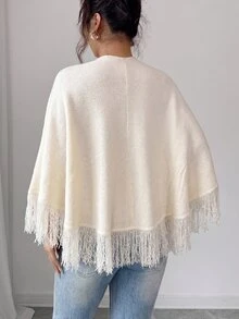 SHEIN Elenzya Jubah Syal Rajut Rumbai Putih Depan Terbuka untuk Wanita, Kardigan untuk Liburan Musim Gugur Gaya Boho - Aprikot - View 2