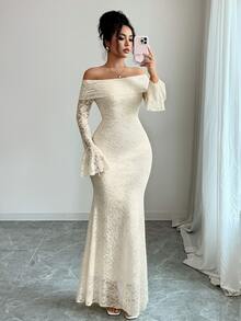 Rafferiza 女款秋季優雅時尚年輕簡約百搭修身露肩大翻領喇叭袖魚尾中長洋裝 - 杏色 - 查看 1
