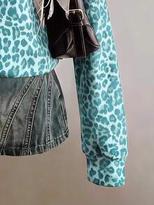 SHEIN EZwear 女款經典豹紋半拉鍊運動衫，綠色調秋冬休閒街頭風，適合多種場合，Y2K復古風，返校季秋冬上衣 - 彩色 - 查看 4