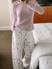 DAZY 青少年女孩秋季服飾 寬鬆舒適春秋居家休閒套裝 V領T恤與格紋直筒長褲 - 淺粉色 - 查看 4