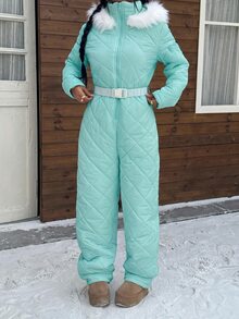 Muchica 白色人造毛帽與厚款女式連身褲，適合秋冬雪地玩樂 - 淺藍色 - 查看 5