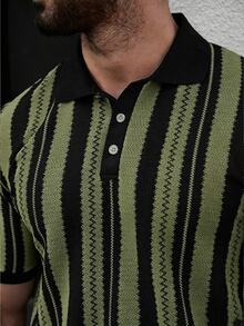 Manfinity CasualCool 男士休閒商務條紋設計 Polo 衫上衣，適合日常通勤穿著，休閒百搭 - 綠色 - 查看 5
