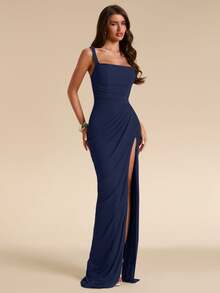 SHEIN BAE Spring/Summer Solid Sage Green Women's Strapless Ruched Fitted High Slit Ruched Maxi Mesh Dress, Tight Elegant Dress, Flowy Dress, Suitable For Vacation, Beach, Bridesmaid, Wedding, Spring/Summer Wear - Navy Blue - View 6