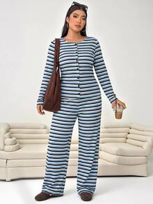 Solavibe Plus Size White Stripe Knit Set, High Waist Wide Leg Pants For Autumn Travel Date Formal Office Vacation, Matching Two Pieces Set, Casual Tropical - Yellow - View 10