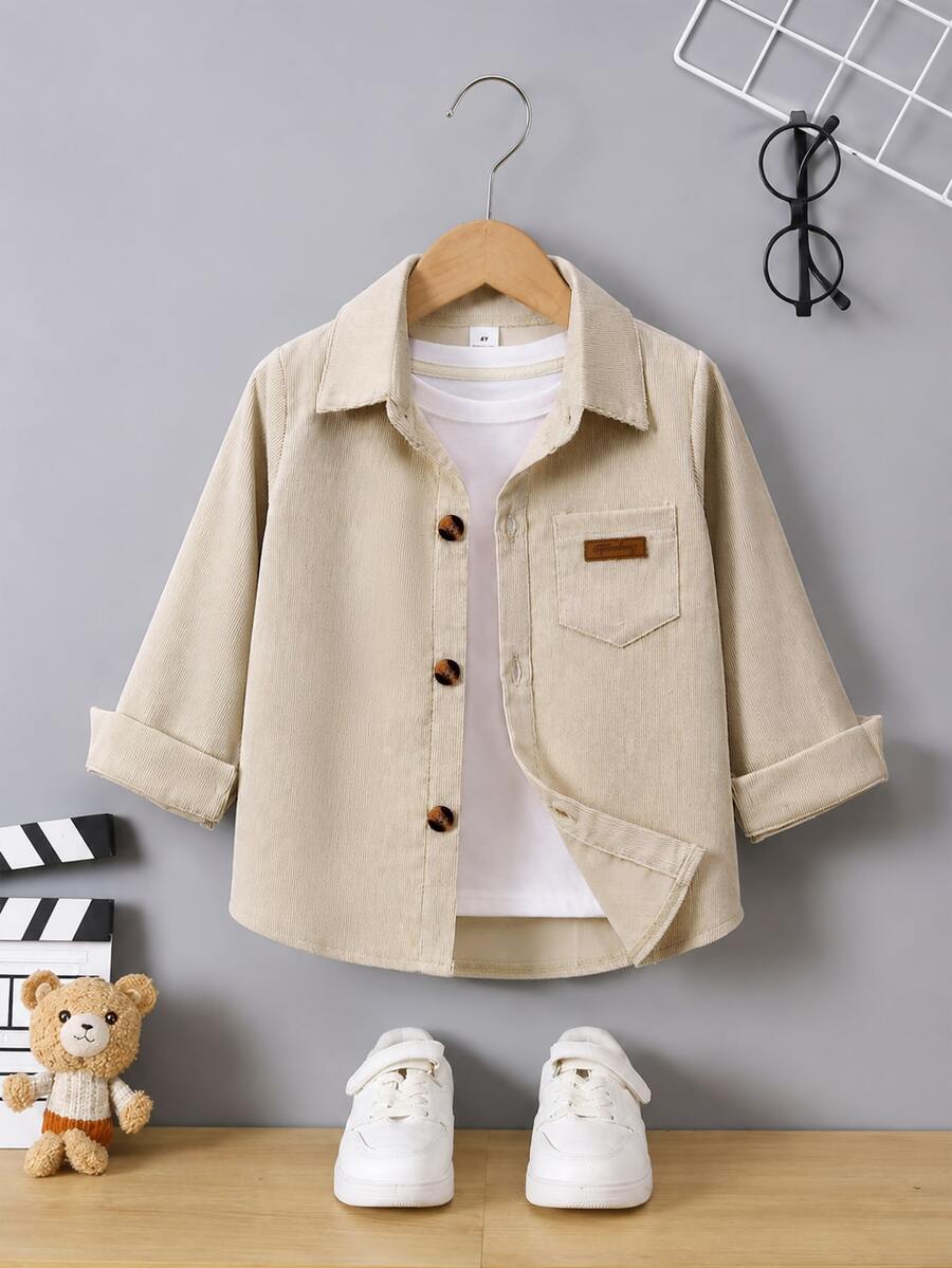 SHEIN Genkimix Kids 小男孩拼接單排扣休閒百搭日常長袖夾克 - 卡其色 - 查看 1