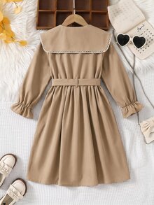 SHEIN Young Girl French Style Loose Double-Breasted Lapel Long Trench Coat, Casual Military Style, Suitable For Commuting And Outdoor Wear, All-Season; Perfect For Creating Y2K Style, Suitable For Daily And Personalized Looks - Khaki - View 4