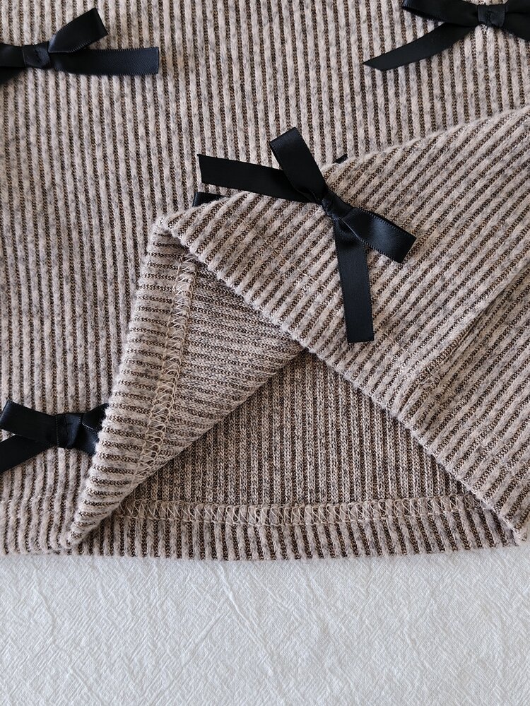 SHEIN 2pcs Toddler Baby Girl Ribbed Top Pants Cute Sweet Taupe Brown Bowknot Applique Long Sleeve Round Neck Regular Birthday Party Autumn Fall Pullover - Khaki - View 6