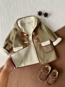 SHEIN 嬰兒男孩嬰兒女孩秋冬休閒綠色可愛百搭保暖內裡連帽外套，保暖內裡夾克，秋冬外套，幼兒外套，聖誕外套 - 彩色 - 查看 4