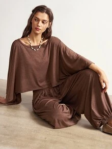 Bohemela Women's Solid Color Asymmetrical Shoulder Batwing Sleeve Top And Lantern Pants Casual 2 Pieces Set - Coffee Brown - View 5