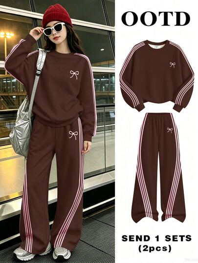 Teen Girls Sweet Bow Sports Sweatshirt 2 Pieces Set, Round Neck Long Sleeve Top + Elastic Straight Leg Pants, Casual Outfit