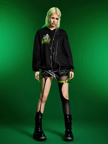 Beetlejuice X SHEIN Women's Fashion Zipper Letter Print Long Sleeve Hooded Sweatshirt - Black - View 9