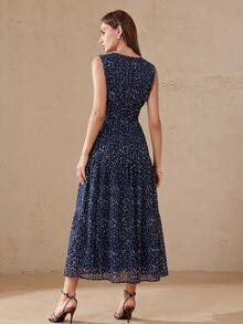 BELROSIE 法式復古極簡優雅女款日常度假雪紡波點V領前綁帶收腰顯瘦喇叭袖無袖洋裝 - 藏蓝色 - 查看 6