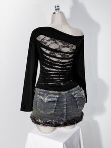 SHEIN ICON Kaos Hitam Ukuran Plus Wanita Gaya Y2K dengan Desain Sobek dan Usang di Bagian Belakang, Model Renda 2 in 1 Lengan Panjang untuk Musim Gugur - Hitam - View 6